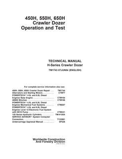 John Deere 450H, 550H, 650H Crawler Dozer Operation and Test Technical Manual TM1743 2004-06-07 — actual manual cover