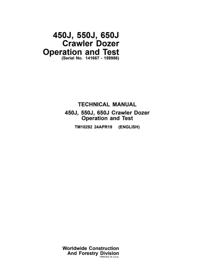 John Deere 450J, 550J, 650J Crawler dozer Operation and test manual TM10292 — actual manual cover