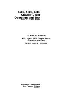 John Deere 450J, 550J, 650J Crawler dozer Operation and test manual TM10292 — actual manual cover