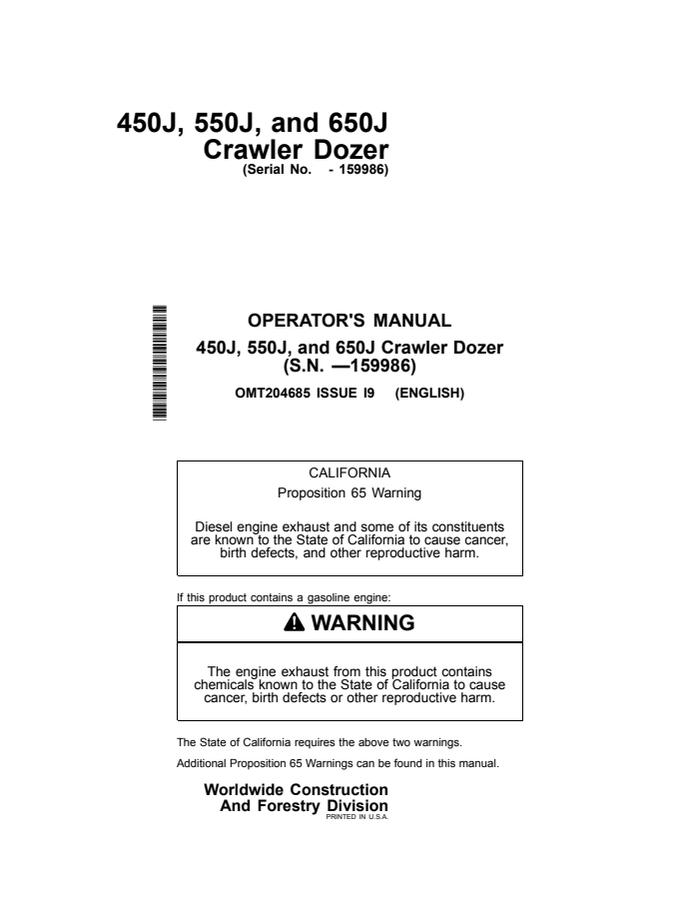 John Deere 450J/550J/650J Crawler dozer Operator manual OMT204685 — actual manual cover
