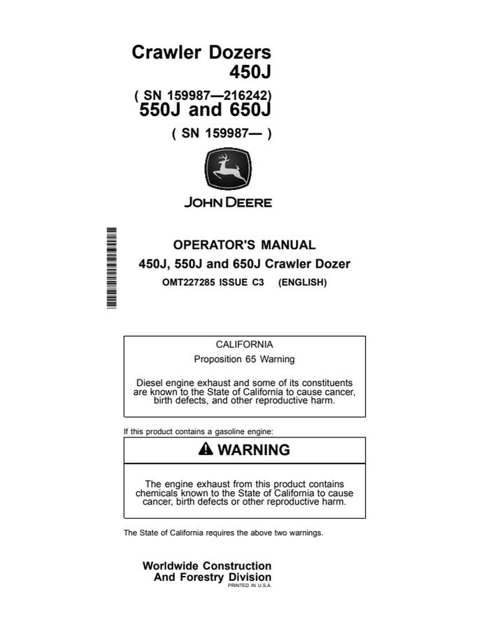 John Deere 450J/550J/650J Crawler dozer Operator manual OMT227285 — actual manual cover
