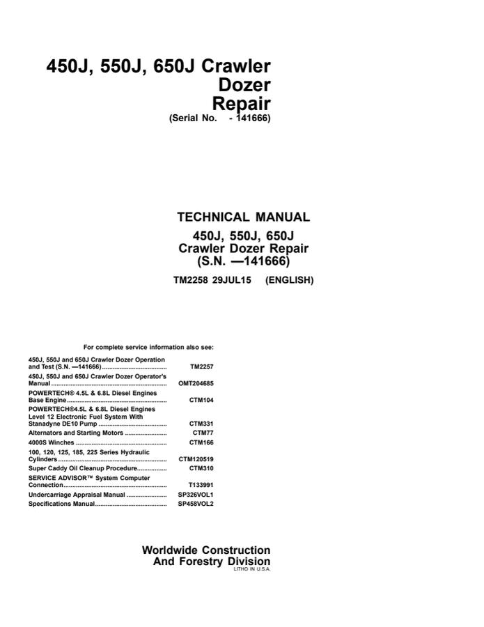 John Deere 450J, 550J, 650J Crawler Dozer Repair Manual TM2258 — actual manual cover