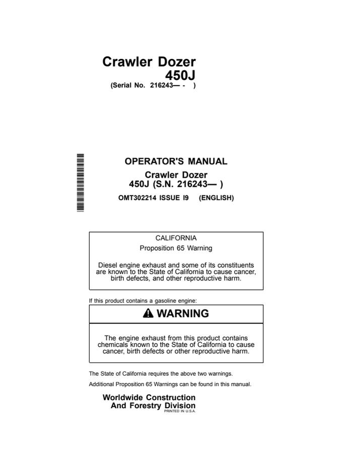 John Deere 450J Crawler dozer Operator manual OMT302214 — actual manual cover