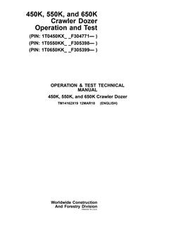 John Deere 450K, 550K, 650K Crawler Dozer Operation and Test Technical Manual TM14162X19 — actual manual cover