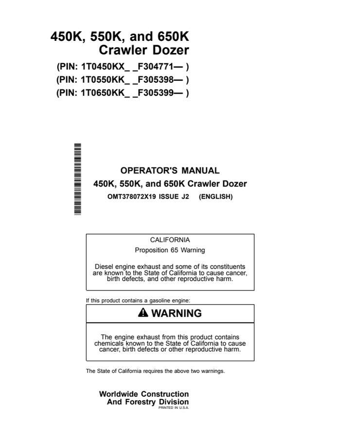 John Deere 450K/550K/650K Crawler dozer Operator manual OMT378072X19 — actual manual cover