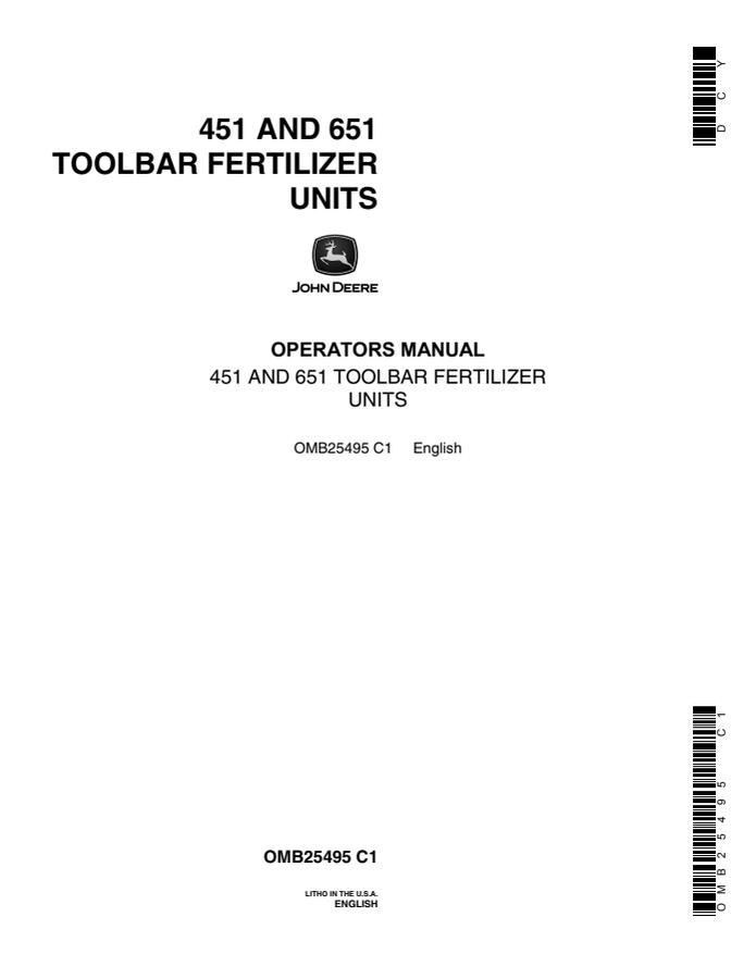 John Deere 451/651 Toolbar fertilizer unit Operator manual OMB25495 — actual manual cover