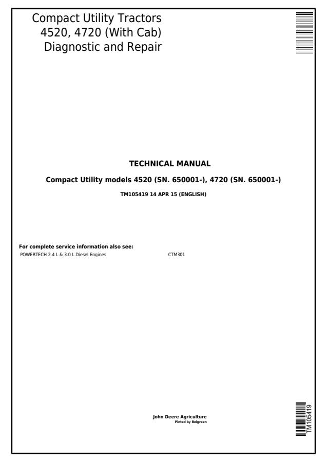 John Deere 4520, 4720 Compact Utility Tractor Diagnostic and Repair Technical Manual TM105419 — actual manual cover