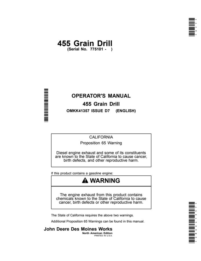 John Deere 455 Grain drill Operator manual OMKK41357 — actual manual cover