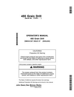 John Deere 455 Grain drill Operator manual OMKK41357 — actual manual cover