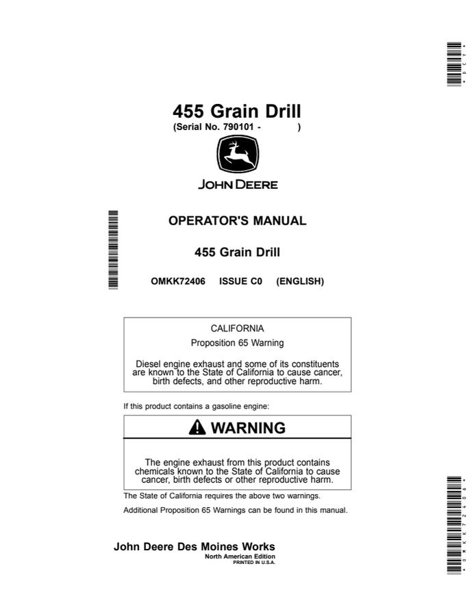 John Deere 455 Grain Drill Operator's Manual — actual manual cover