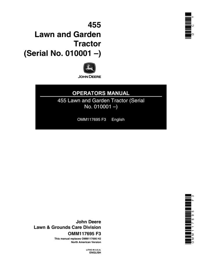 John Deere 455 Lawn and garden tractor Operator manual OMM117695 — actual manual cover