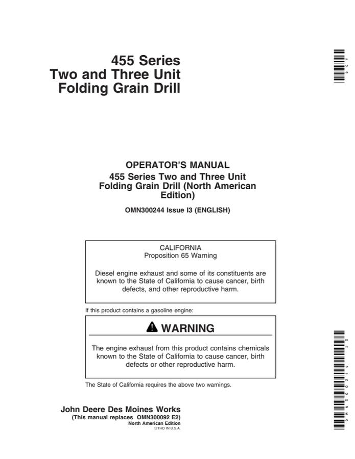John Deere 455 Series Two and Three Unit Folding grain drill Operator's manual OMN300244 — actual manual cover