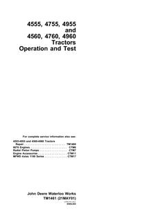 John Deere 4555; 4560; 4755; 4760; 4955; 4960 Tractor Operation and Test Technical Manual TM1461 — actual manual cover