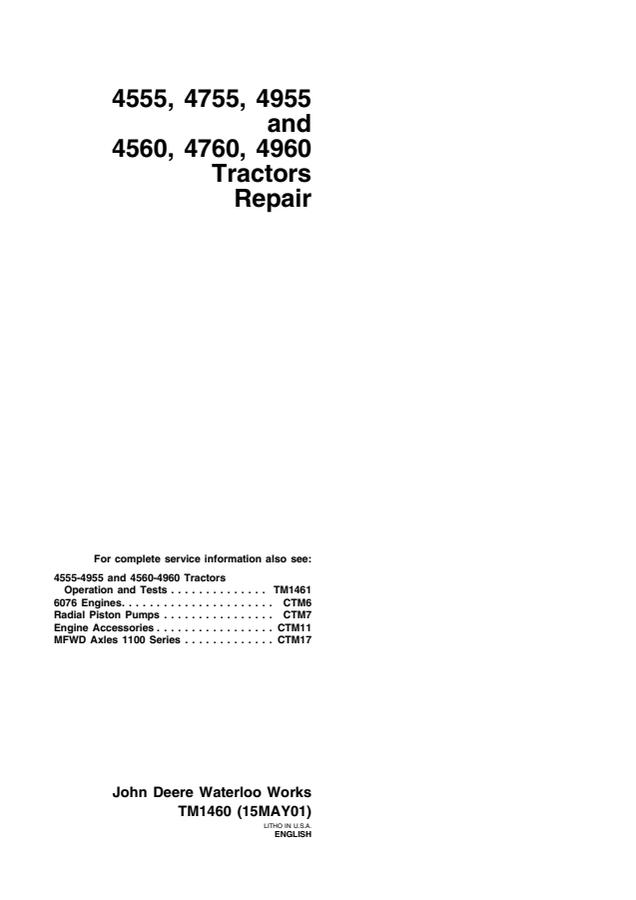 John Deere 4555, 4560, 4755, 4760, 4955, 4960 Tractor Repair technical manual TM1460 — actual manual cover