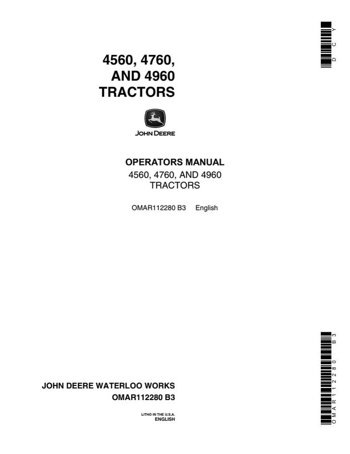 John Deere 4560/4760/4960 Tractor Operator manual OMAR112280 — actual manual cover