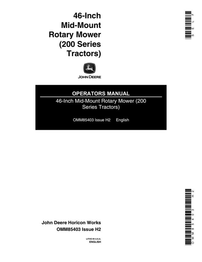 John Deere 46-inch Rotary mower Operator manual OMM85403 — actual manual cover