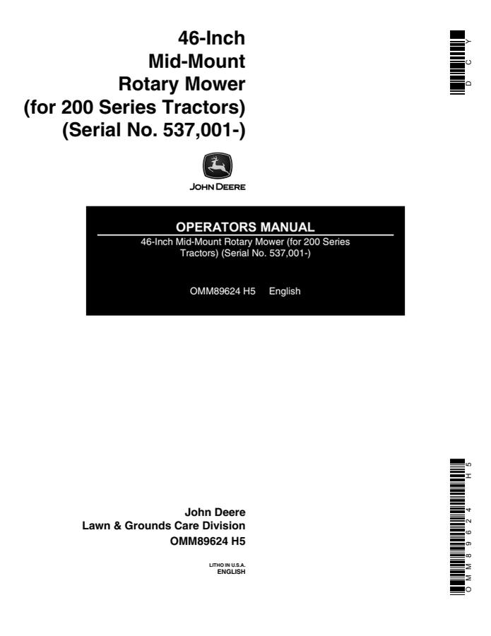 John Deere 46-inch Rotary mower Operator manual OMM89624 — actual manual cover