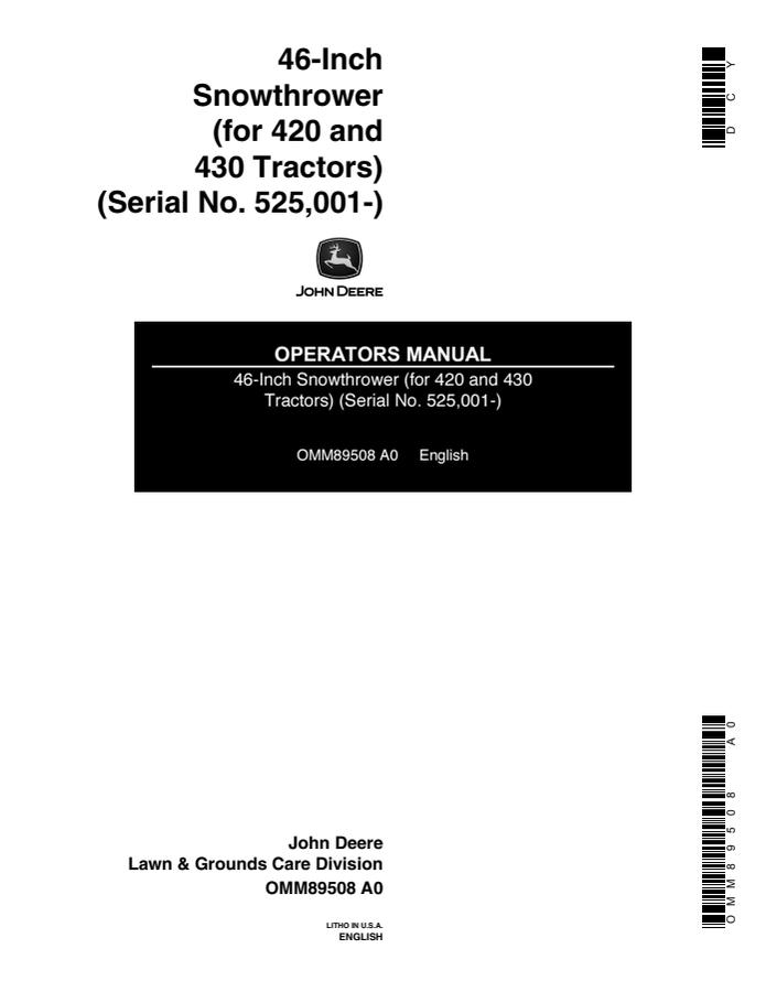 John Deere 46-inch Snowthrower Operator manual OMM89508 — actual manual cover