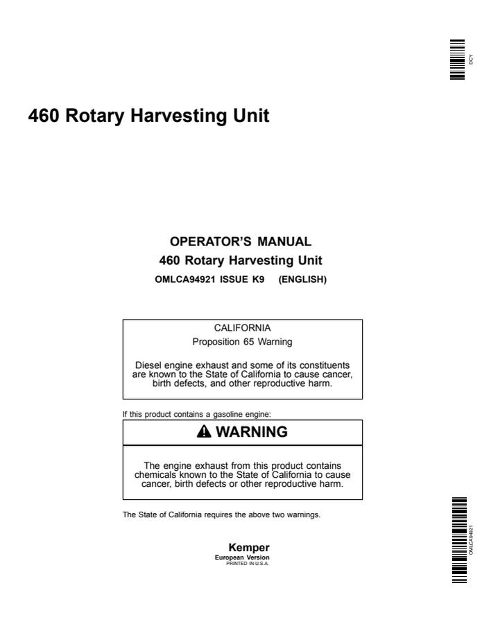 John Deere 460 Rotary harvesting unit Operator manual OMLCA94921 — actual manual cover