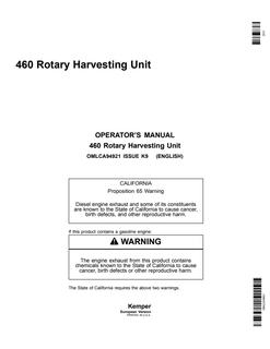 John Deere 460 Rotary harvesting unit Operator manual OMLCA94921 — actual manual cover
