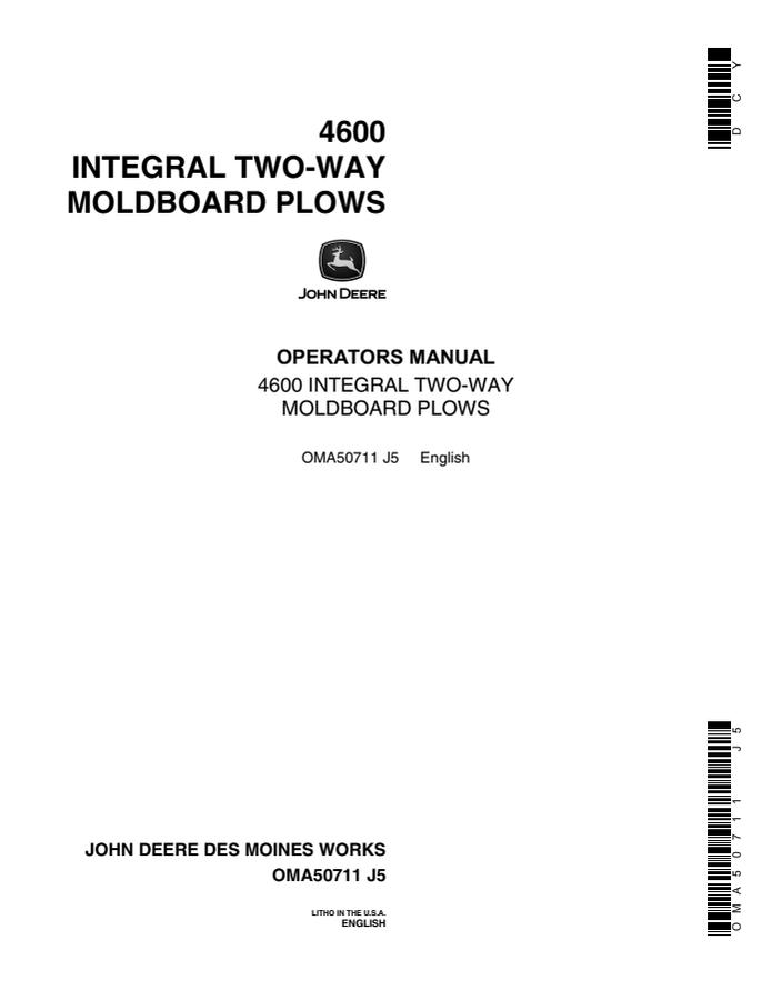 John Deere 4600 Moldboard plow Operator manual OMA50711 — actual manual cover