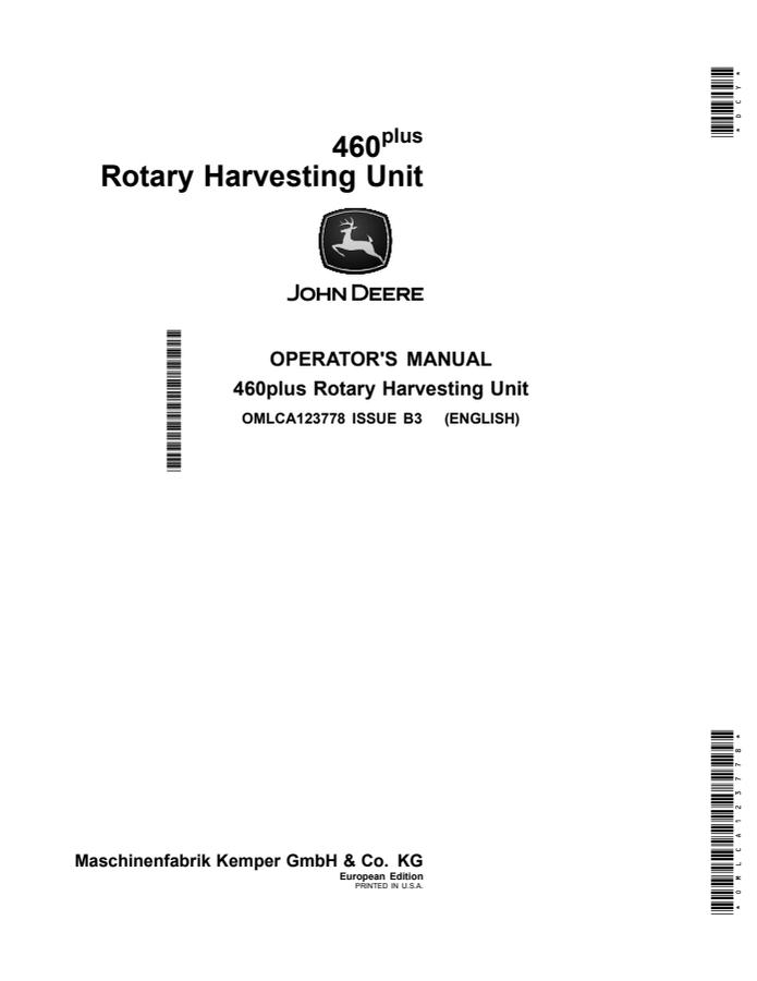 John Deere 460plus Rotary harvesting unit Operator manual OMLCA123778 — actual manual cover