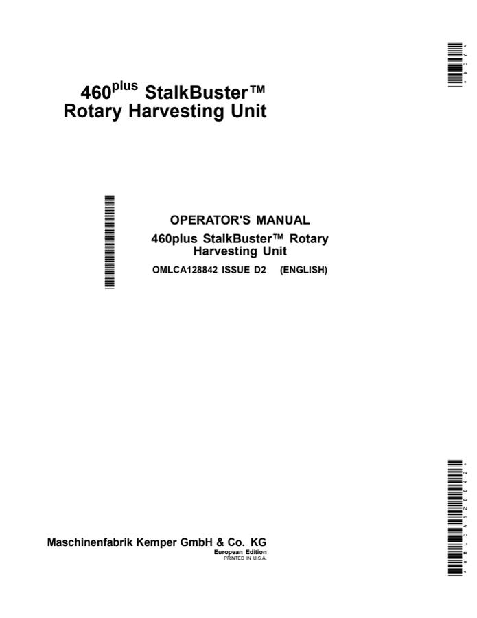 John Deere 460plus StalkBuster Rotary harvesting unit Operator manual OMLCA128842 — actual manual cover