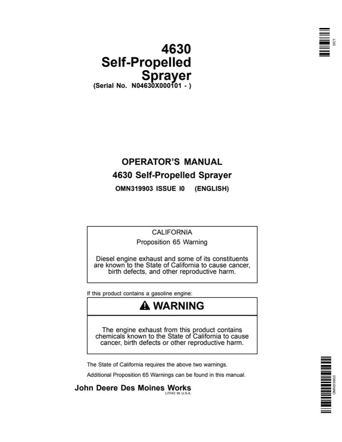 John Deere 4630 Self-propelled sprayer Operator manual OMN319903 — actual manual cover