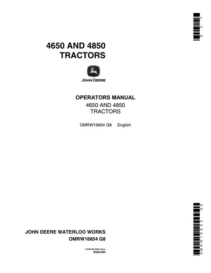 John Deere 4650/4850 Tractor Operator manual OMRW16854 — actual manual cover