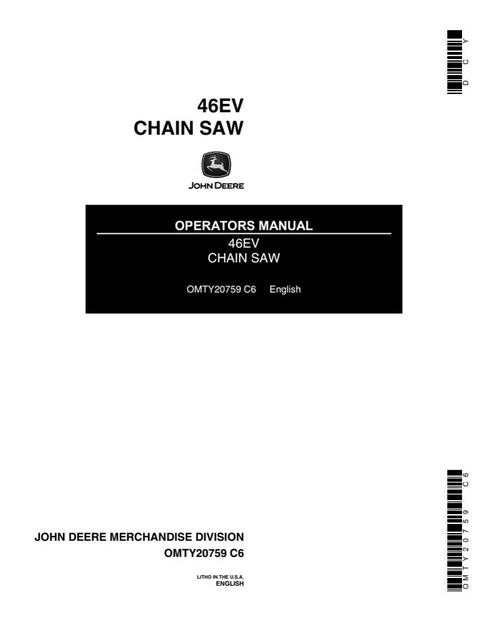 John Deere 46EV Chain saw Operator manual OMTY20759 — actual manual cover