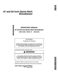 John Deere 47/54-inch quick-hitch Snowblower Operator manual OMLVU33941 — actual manual cover