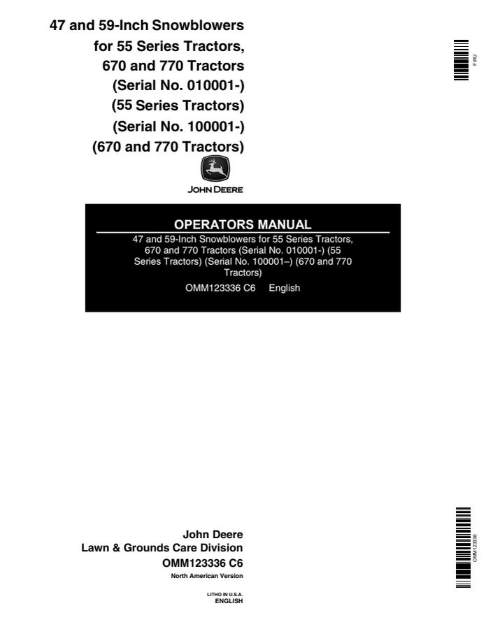John Deere 47/59-inch Snowblower Operator manual OMM123336 — actual manual cover