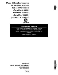 John Deere 47/59-inch Snowblower Operator manual OMM123336 — actual manual cover