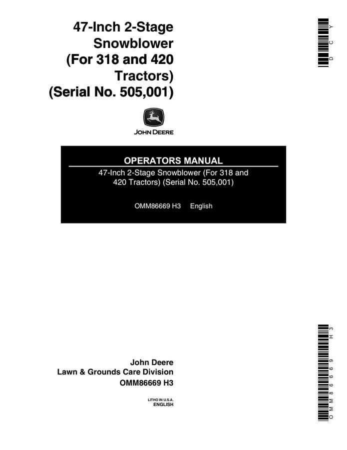 John Deere 47-inch 2-stage Snowblower Operator manual OMM86669 — actual manual cover