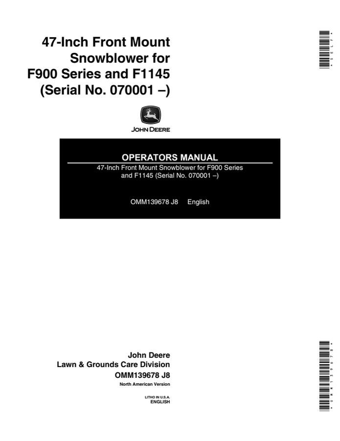 John Deere 47-inch front-mount Snowblower Operator manual OMM139678 — actual manual cover