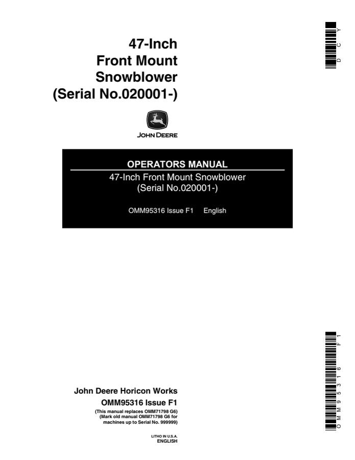 John Deere 47-inch front-mount Snowblower Operator manual OMM95316 — actual manual cover