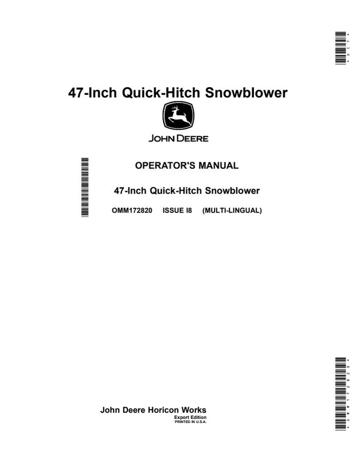 John Deere 47-inch quick-hitch Snowblower Operator manual OMM172820 — actual manual cover