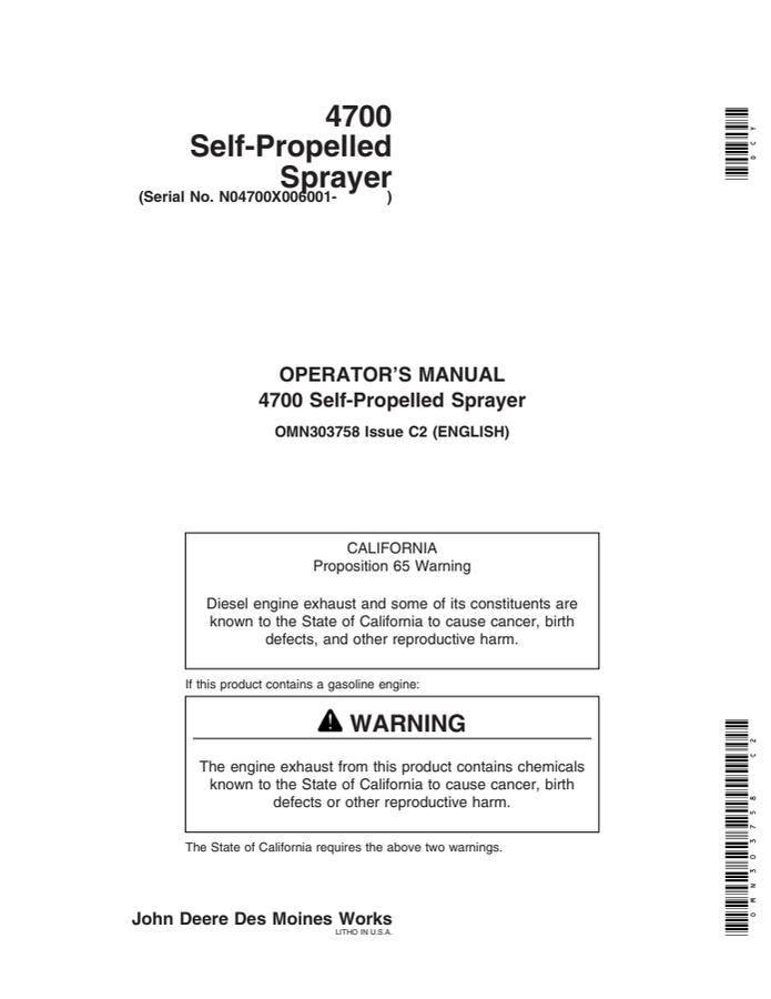 John Deere 4700 Self-propelled sprayer Operator manual OMN303758 — actual manual cover