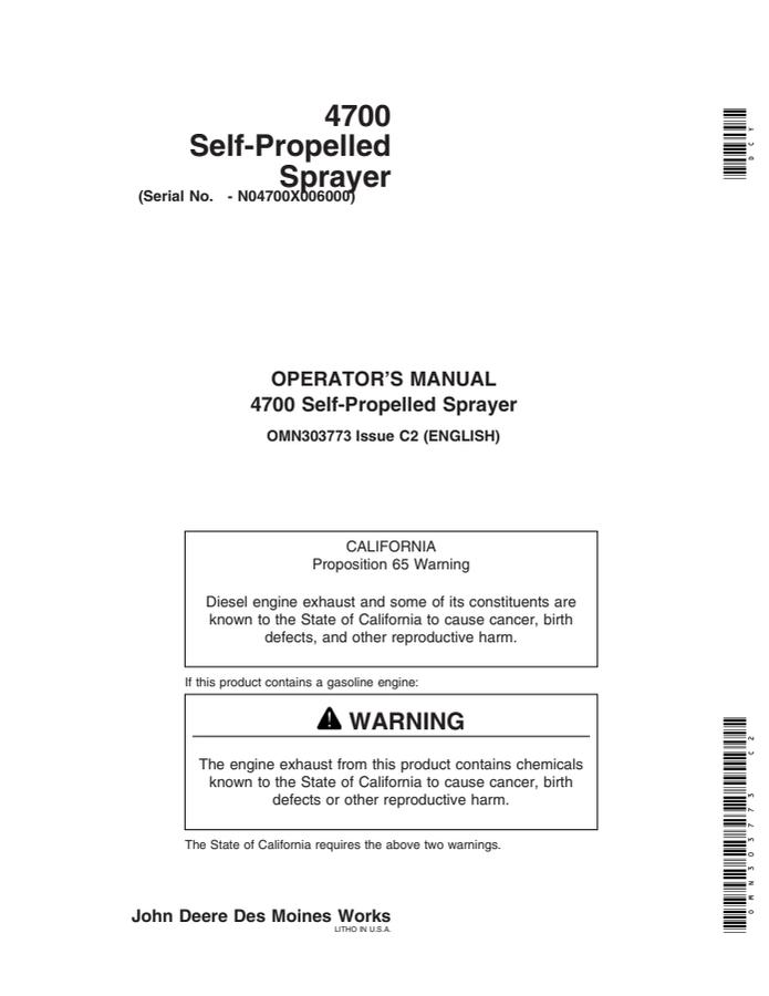 John Deere 4700 Self-propelled sprayer Operator manual OMN303773 — actual manual cover