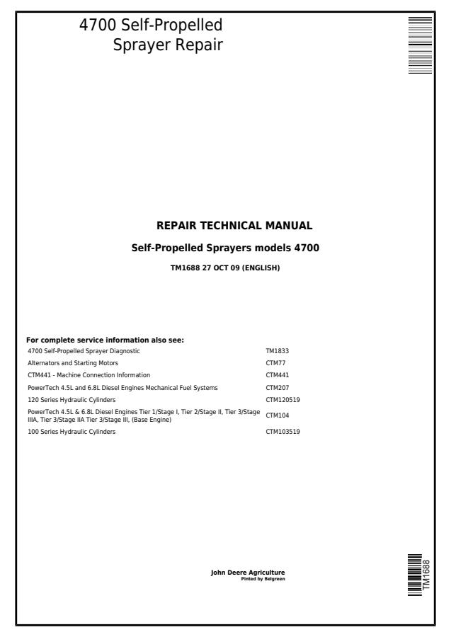 John Deere 4700 Self-propelled sprayer Repair technical manual TM1688 — actual manual cover