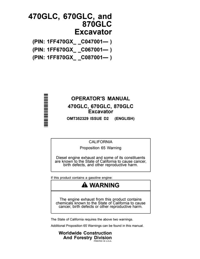 John Deere 470GLC/670GLC/870GLC Excavator Operator manual OMT352329 — actual manual cover