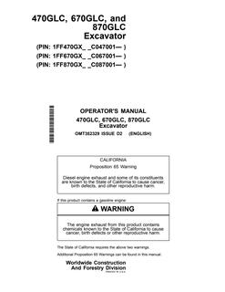 John Deere 470GLC/670GLC/870GLC Excavator Operator manual OMT352329 — actual manual cover