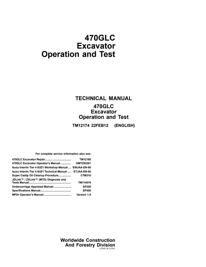 John Deere 470GLC Excavator Operation and test manual TM12174 — actual manual cover