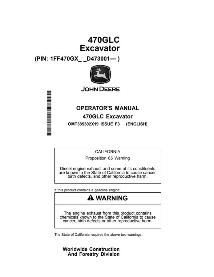 John Deere 470GLC Excavator Operator manual OMT385302X19 — actual manual cover
