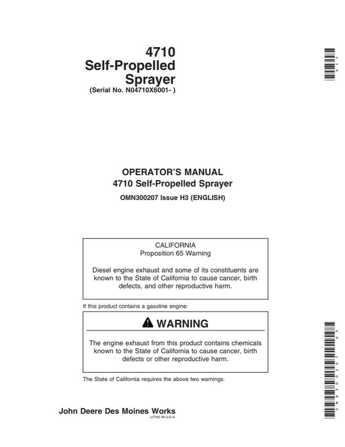 John Deere 4710 Self-propelled sprayer Operator manual OMN300207 — actual manual cover