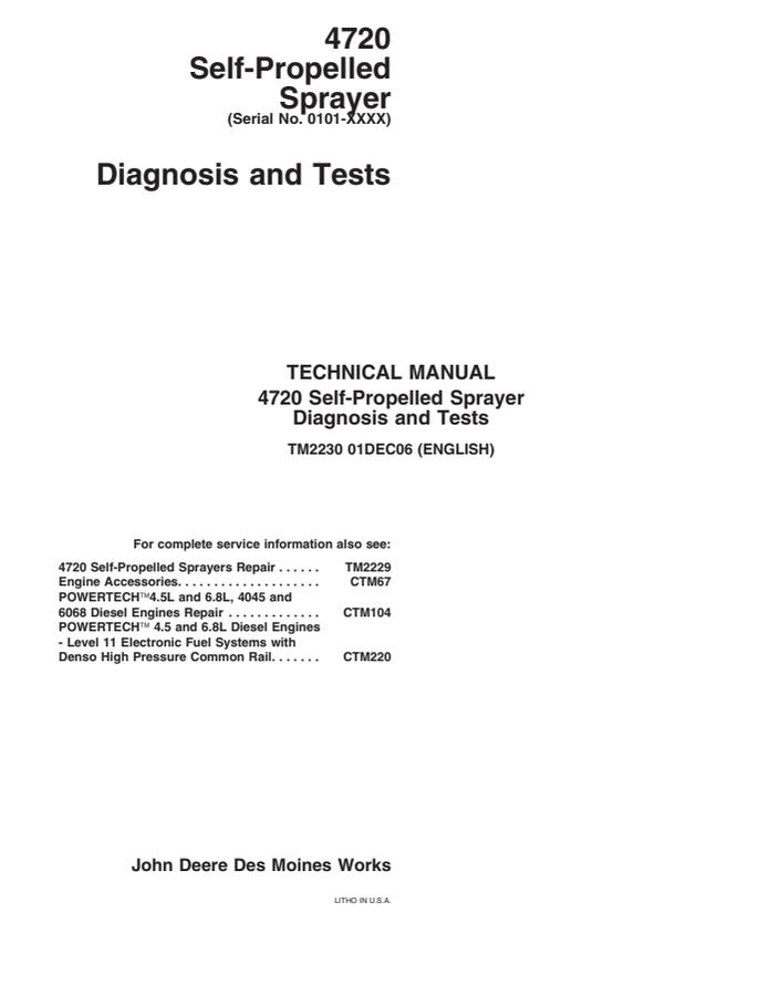John Deere 4720 Self-Propelled Sprayer Diagnosis and Tests Technical Manual (TM2230) — actual manual cover