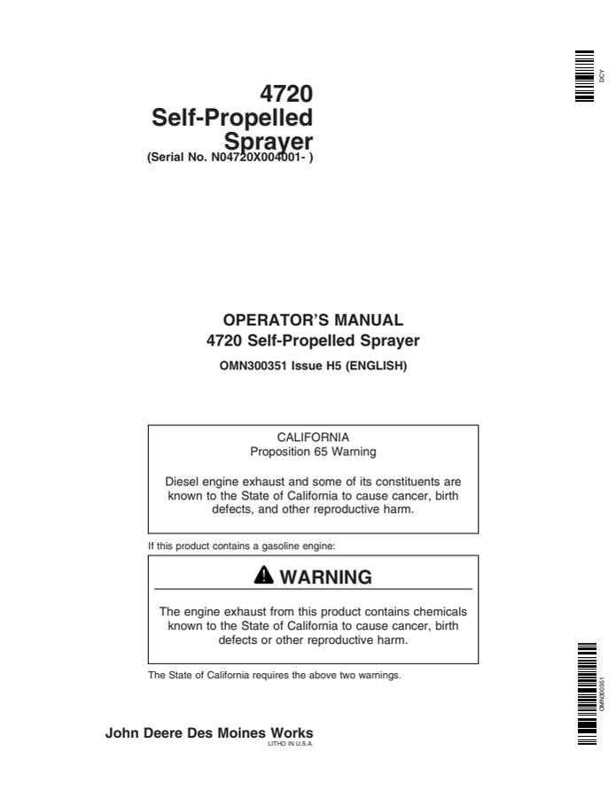 John Deere 4720 Self-propelled sprayer Operator manual OMN300351 — actual manual cover