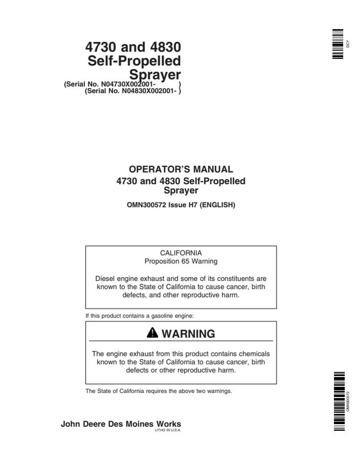 John Deere 4730/4830 Self-propelled sprayer Operator manual OMN300572 — actual manual cover