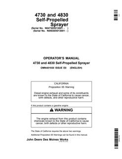 John Deere 4730/4830 Self-propelled sprayer Operator manual OMN401930 — actual manual cover