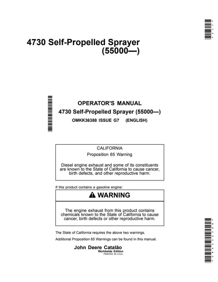 John Deere 4730 Self-propelled sprayer Operator manual OMKK36388 — actual manual cover